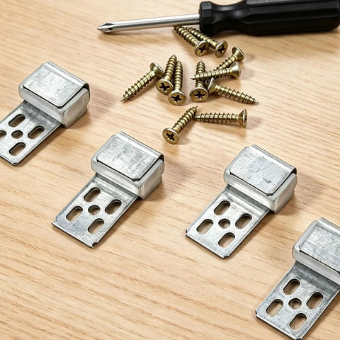 Rock Solid Upholstery Spring Clips Repair Kit For Saggy Couches And Sofas Includes Complete Set Of Carbon Steel Screws With Socket Driver showing metal clips and screws on a wooden surface.