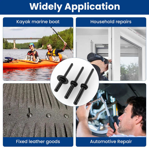 Heavy Duty Tri Grip Aluminum Pop Rivets With Waterproof O Rings Top Shelf Hardware Fasteners For Auto Body Work And Backyard Fixes 60 Piece Pack shown in applications like automotive repair and kayak repairs.