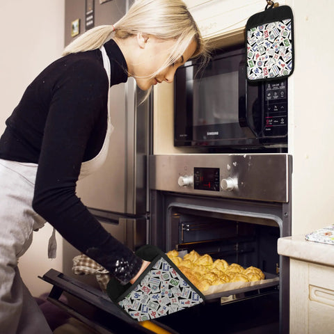 Woman baking with Funny Mahjong Inspired Pot Holders For Kitchen in use, oven mitts protecting hands, quirky kitchen decor.
