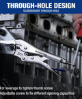 Locking Pliers Set With Curved Jaw And Long Nose, 5, 7, 10 Inch And Six Point Five And Nine Point Five Inch Sizes, CRMO Steel Construction, Perforated Screw For Easy Adjustment, Multipurpose Clamp Tool Kit For Automotive Welding And Home DIY in action on an engine block with screwdriver.