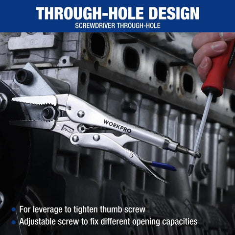 Locking Pliers Set With Curved Jaw And Long Nose, 5, 7, 10 Inch And Six Point Five And Nine Point Five Inch Sizes, CRMO Steel Construction, Perforated Screw For Easy Adjustment, Multipurpose Clamp Tool Kit For Automotive Welding And Home DIY in action on an engine block with screwdriver.