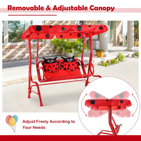 Porch Swing For Two Children With Adjustable Canopy And Safety Belts For All Weather Outdoor Patio Hammock Bench In Red Ladybug Pattern