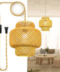 Plug In Pendant Light With Rattan Hanging Lights And Hand Woven Bamboo Lampshade, 15ft Hemp Rope, On Off Switch, Ceiling Fixture