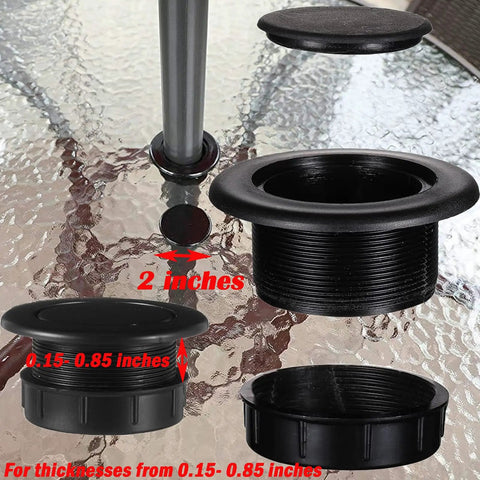 Easy Fit Patio Table Umbrella Hole Ring Plug Cap Set For Outdoor Parasol Hole Cover Insert Pole Replacement Stabilizer Parts Black Designed To Fit 1.63 Inch Inner Ring Diameter Or Smaller For 2 Inch Holes On Glass Iron And Wood Desktops, shown on a glass table with size dimensions displayed.