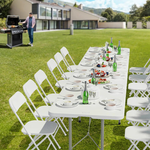Six Foot Folding Table For Indoor Outdoor Use, Portable Long Rectangular Table with white top, set for a garden party