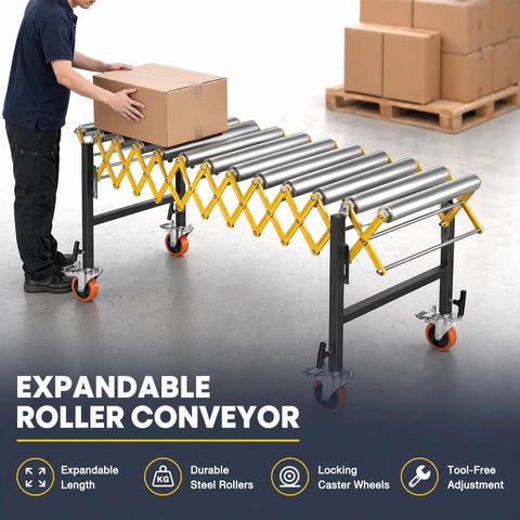 Huge 1000 Lb Capacity Adjustable Conveyor Roller with Wheels, expandable and mobile, featuring durable stainless steel rollers.