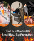 Collage showing BBQ Gloves Set With 50 Disposable Nitrile Gloves And 2 Reusable Cotton Liners used in barbecue, compact storage, and cooking