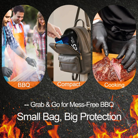Collage showing BBQ Gloves Set With 50 Disposable Nitrile Gloves And 2 Reusable Cotton Liners used in barbecue, compact storage, and cooking