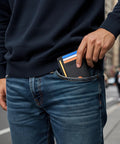 Dead Simple Minimalist Front Pocket Leather Wallet With Secure RFID Blocking For Men And Women Hella Slim Everyday Carry, shown in jeans pocket.