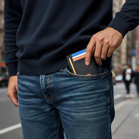 Dead Simple Minimalist Front Pocket Leather Wallet With Secure RFID Blocking For Men And Women Hella Slim Everyday Carry, shown in jeans pocket.