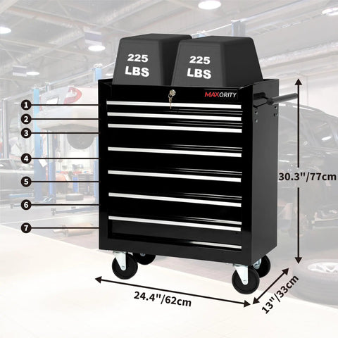 7 Drawer Heavy Duty Rolling Tool Chest Cabinet With Locking Storage For Garage And Workshop Black Durable Steel Build With Smooth Glide Drawers Easy Assembly And Secure Locking For Mobile Use in workshop setting.