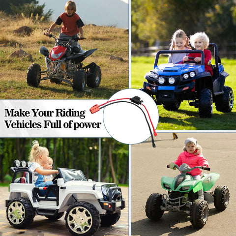 Collage of kids riding electric toy vehicles with Red 2 Pin Battery Wire Harness Connector For 12 Volt Ride On Vehicles inset