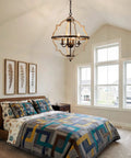 Sphere Farmhouse Orb Chandelier In Oak White And Brown Finish - Rustic 4 Light Vintage Hanging Fixture in bedroom setting