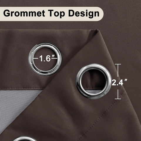 Close-up of grommet top design for 70 Inch Wide By 84 Inch Long Blackout Curtain Panels With Tiebacks, brown with rust-proof grommets.