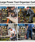 Various uses of the Five Tier Power Tool Organizer Cart With Wheels 300 Lb Capacity Heavy Duty Rolling Tool Rack in workshop settings.