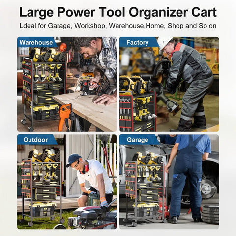 Various uses of the Five Tier Power Tool Organizer Cart With Wheels 300 Lb Capacity Heavy Duty Rolling Tool Rack in workshop settings.
