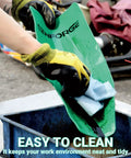 Person molding green Moldable Oil Funnel Draining Tool with Metal Core and Silicone Body over a container in a workshop.