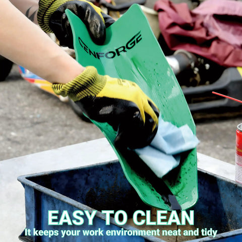 Person molding green Moldable Oil Funnel Draining Tool with Metal Core and Silicone Body over a container in a workshop.