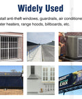 Grid of six images showing installations: anti-theft window, guardrails, air conditioner, solar heater, range hood, billboard.