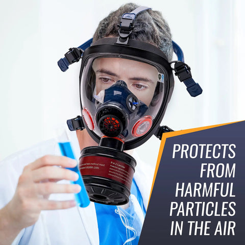 Person wearing a full face gas mask with Top Notch Activated Carbon RD40 40mm Gas Mask Replacement Filter Canister for organic vapors.