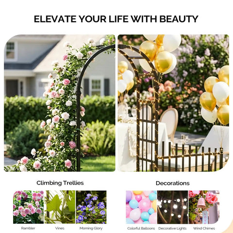 PVC Garden Arch Trellis with Fence 91 Inch High, Black Finish, Decorated with Balloons and Flowers Outdoors for Event Decoration