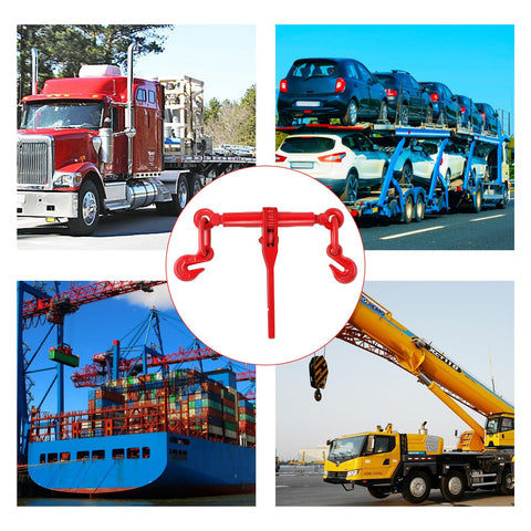 2 Pack Heavy Duty Chain Binder Five Sixteenth To Three Eighth Inch Ratchet Binder With 5400 Lbs Safe Working Load And 19000 Lbs Breaking Strength For Industrial And Agricultural Traction Applications image showing red binder surrounded by various transport vehicles and equipment.