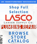 LASCO Larsen Supply Co. plumbing repair store catalog with QR code and bathroom background