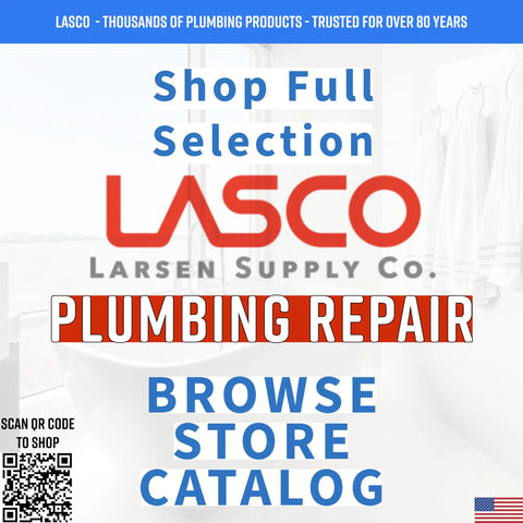 LASCO Larsen Supply Co. plumbing repair store catalog with QR code and bathroom background