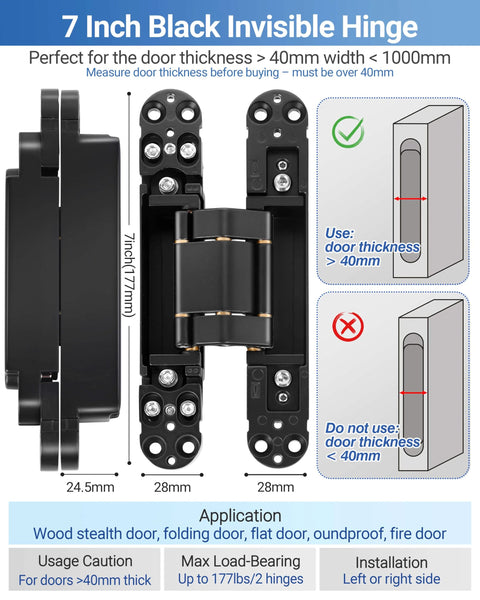 Heavy Duty Concealed Door Hinges 7 Inch Black Set Of 2 Hidden Hinges For Doors With 3 Way Adjustable And 180 Degree Swing Upgraded Copper Support 177 Lbs Load Bearing Durable Concealed Hardware For A Sleek Frameless Look