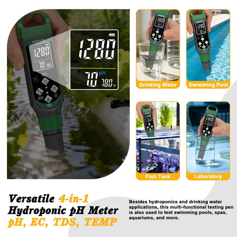 Level Up Your Garden Routine With This Ultimate Hydroponic Nutrient Solution Pen measuring pH, TDS, and temperature in water.