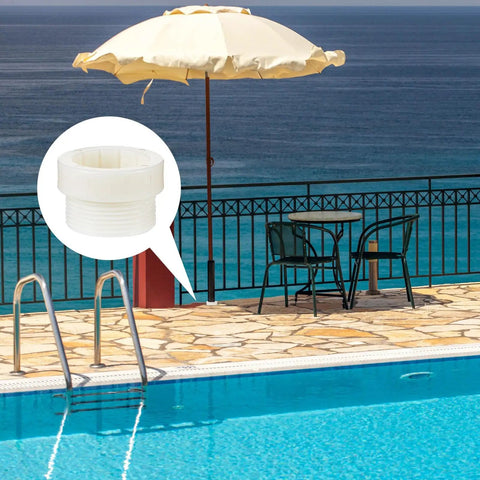 Two Pack Pool Umbrella Stabilizer Sleeves, Threaded Adapter For Outdoor Patio Poles, 1 3/4 Inch Insert, White next to poolside scene