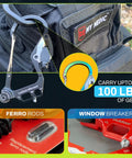 Emergency Car Tool 7 In 1 Fire Escape Tool with window breaker and seatbelt cutter attached to black backpack, highlight on carabiner.