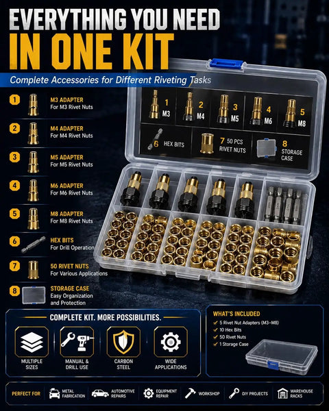 Heavy-Duty Auto Rivet Nut Tool Kit M3-M8 With Interchangeable Heads And Adapters In Carbon Steel For Quick Pro-Grade Fastening On Cars And DIY Projects, case open