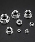 Assorted sizes of Pro Grade Stainless Steel Flange Nuts Kit with Serrated Hex Lock Nuts on black background
