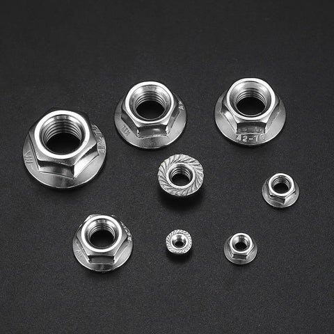 Assorted sizes of Pro Grade Stainless Steel Flange Nuts Kit with Serrated Hex Lock Nuts on black background