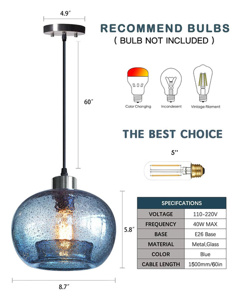 Hand Blown Marble Blue Glass Pendant Light For Kitchen Island Over Dining Table Dope Modern Farmhouse Globe Eight Point Seven Inch Ceiling Fixture In Brushed Nickel Finish With Easy Install And Balanced Hanging