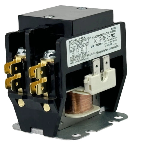 Compact 208V-240V 40A DPST Contactor for HVAC and commercial appliances, showing side view with metal connectors and coil.