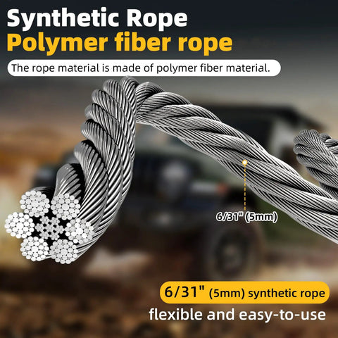 1000 Lb Portable Battery Powered Winch With 40Ft Synthetic Rope And Remote Control Compatible With Milwaukee 18V Batteries Over 4Ah For Heavy Duty Lifting Tasks And Towing Jobs In Red Color No Battery Included, showing a close-up of polymer fiber synthetic rope.