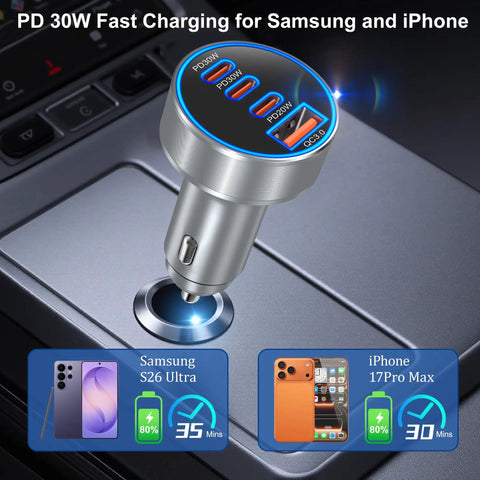 98W Usb C Car Charger Straight Up Crushes Fast Charging Needs With Four Ports, plugged into a car's cigarette lighter socket.