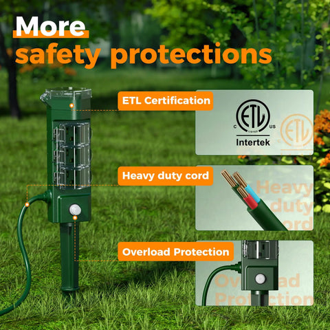 Outdoor Waterproof Timer Outlet With Photocell Sensor Dusk To Dawn Auto Switch remote control power strip showing ETL certification and heavy duty cord.