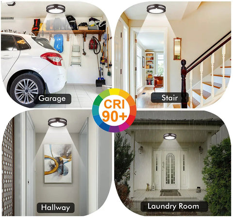 Indoor Outdoor 10 Inch LED Flush Mount Ceiling Light With 5 Color Temperature 2700K To 5000K, Motion Sensor Activated At Night, Wet Location, 20W, CRI 90, Oil Rubbed Bronze, Dustproof Design in various settings.