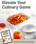 Ergonomic Hand Crank Food Mill With 3 Stainless Steel Discs for tomato sauce next to pasta and Hungry Artisan recipe book.