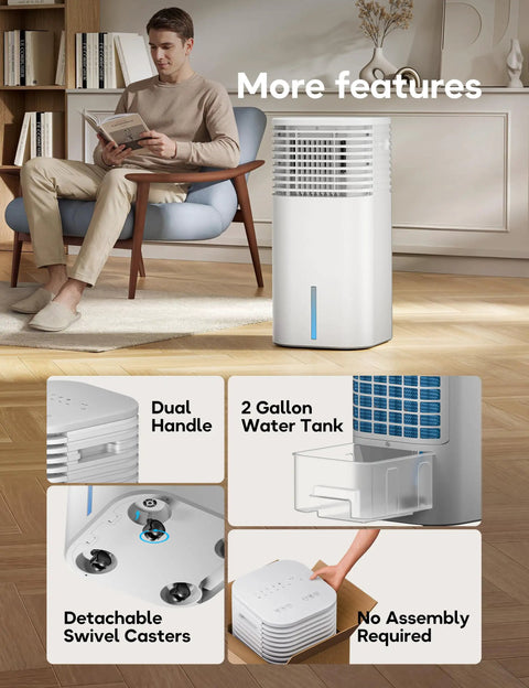 No Window Portable Evaporative Air Cooler With Remote Control 3 Speed Settings 4 Modes 7 Hour Timer Ice Packs Bladeless Quiet Design White Bedroom Cooling Alternative with features shown.
