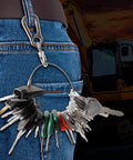 Beefy Heavy Equipment Key Set 39-Piece Master Ignition Key Kit attached to jeans, background shows construction equipment.