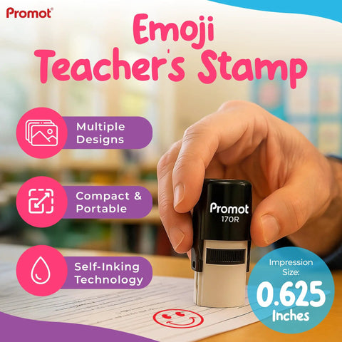 Hand using Smiley Face Red Self Inking Stamp Set for Teachers, Round Rubber Stamp for Grading and Feedback on paper.