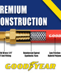 Close-up of the Twenty Five Foot Three Eighths Inch Hybrid Air Hose With Kink Free Performance, showing brass NPT fittings and hybrid polymer.