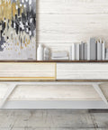 White shiplap peel and stick wallpaper, off white tones, removable DIY wall decor behind a modern console and abstract art