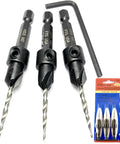 Pro Grade Carbon Steel Countersink Drill Bit Set For Precision Woodworking Includes Three 45 Degree Tapered 7/64 Inch Bits Plus One Allen Key in detailed view.