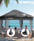 13x13 Pop Up Gazebo Canopy No Fuss Backyard Patio With Mosquito Netting in use on a beach with grey canopy and mesh curtains.