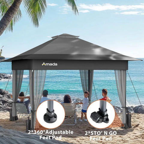 13x13 Pop Up Gazebo Canopy No Fuss Backyard Patio With Mosquito Netting in use on a beach with grey canopy and mesh curtains.
